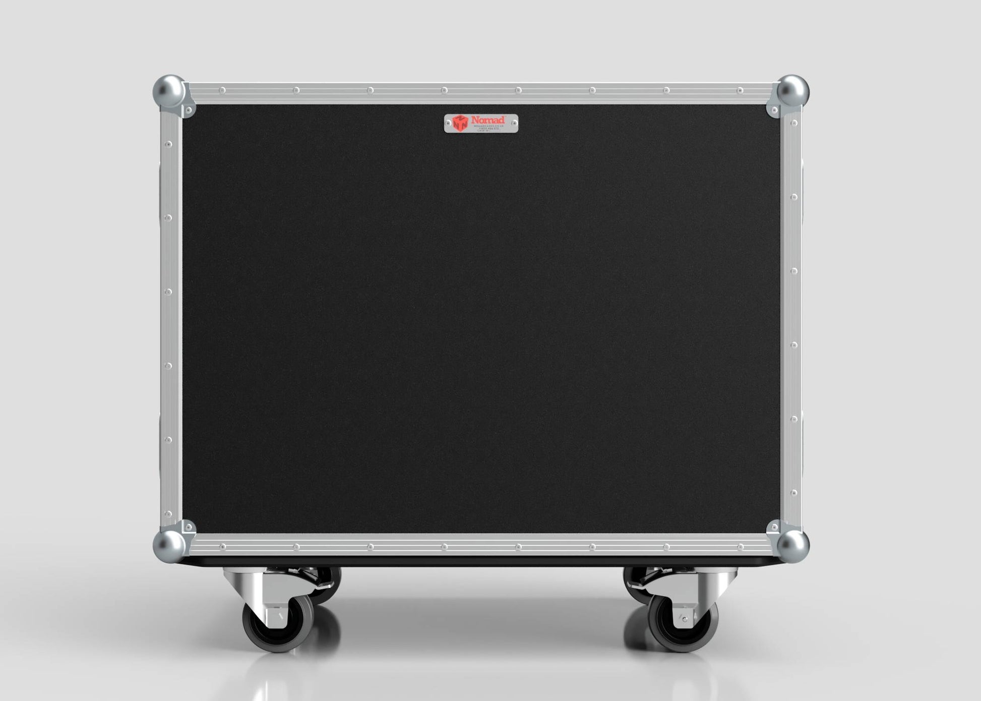 The 6 Way Euro Crate Case is a black rectangular road case with metal edges, reinforced corners, and four caster wheels, highlighting its high load capacity against a plain light gray background.