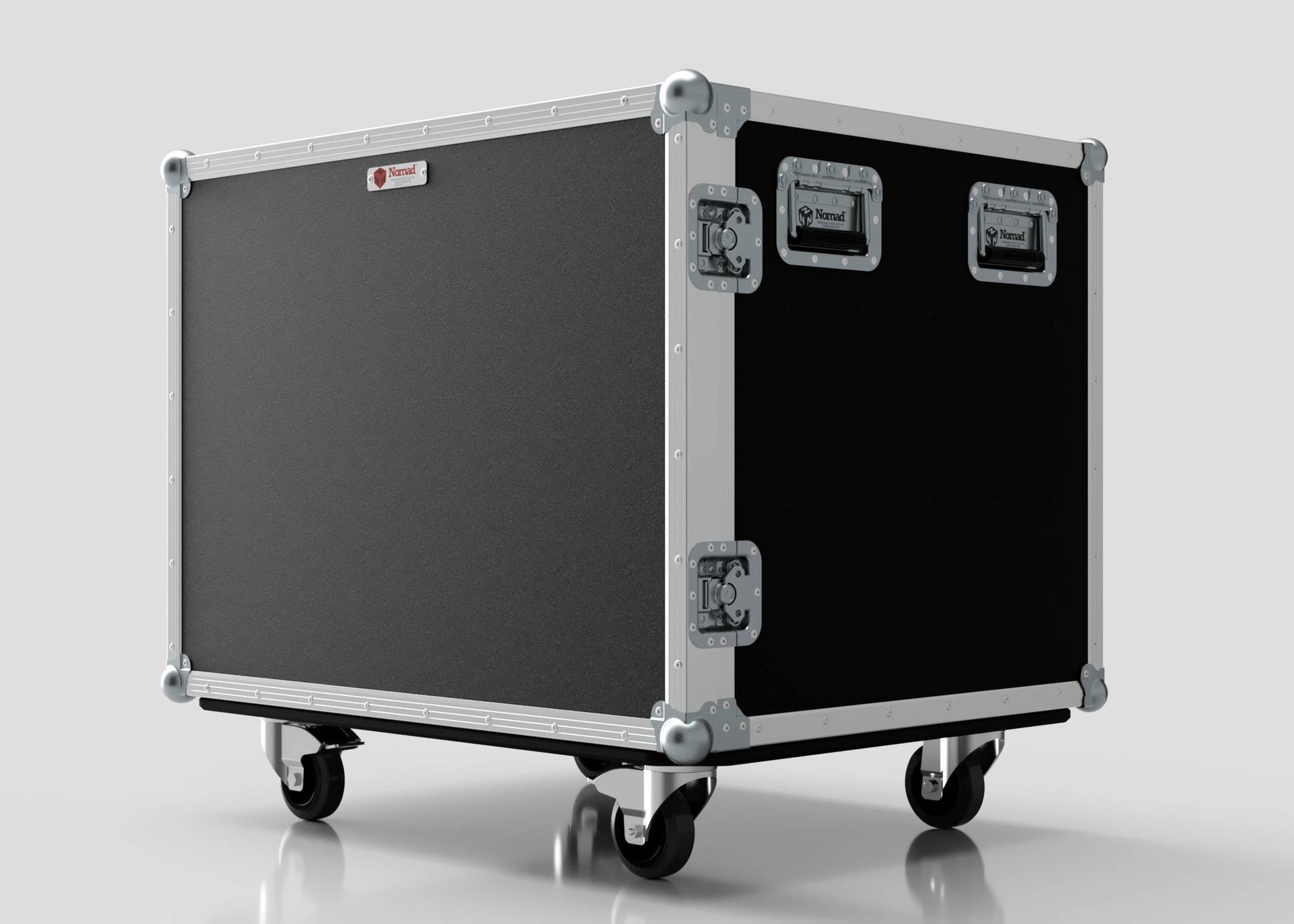 The 6 Way Euro Crate Case is a large, black and silver rolling flight case featuring metal edges, sturdy latches, handles, and four caster wheels, all designed for high load capacity. Shown on a plain background.