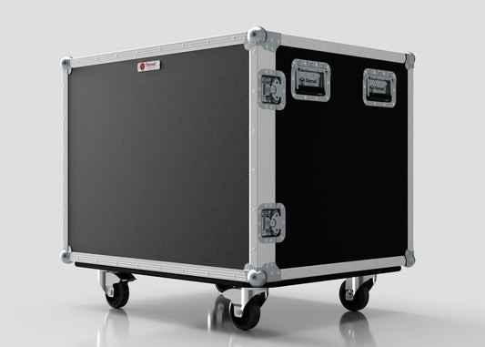 The 6 Way Euro Crate Case is a large, black and silver rolling flight case featuring metal edges, sturdy latches, handles, and four caster wheels, all designed for high load capacity. Shown on a plain background.