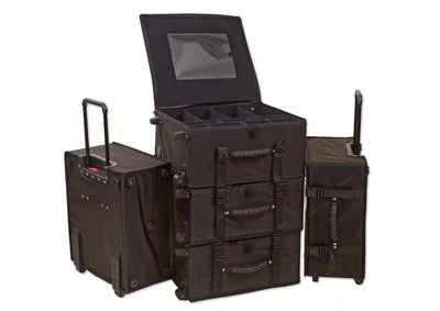 Three black rolling travel cases with handles, one open showing divided compartments, displayed against a white background.