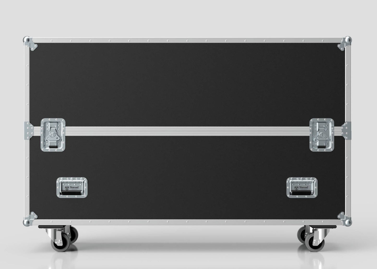 The 60" Double Screen Case is a large black equipment case with metal edges and latches, mounted on four caster wheels and shown against a plain light background.