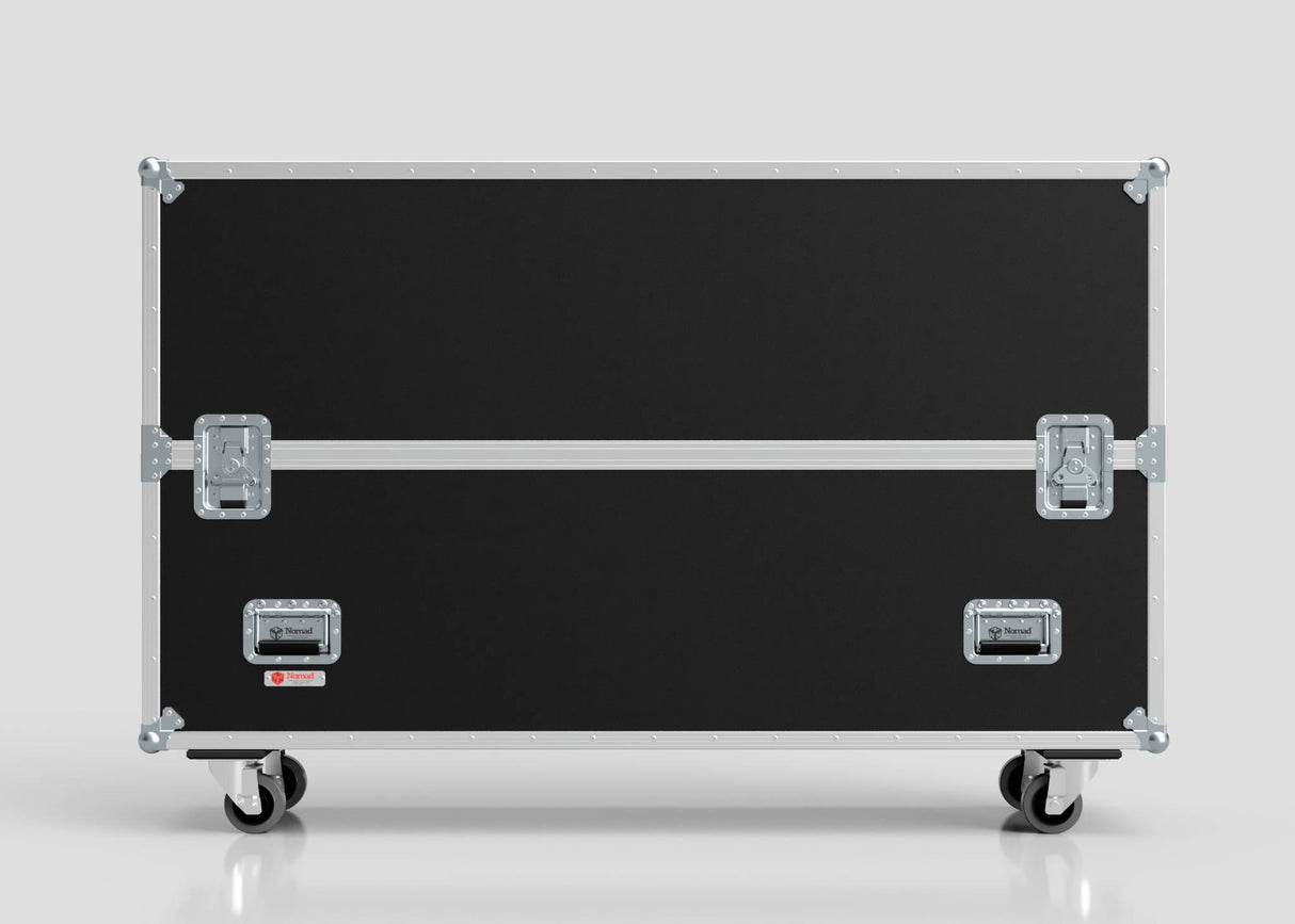 A 60" Double Screen Case in black, rectangular with metal edges, latches, and handles, stands on four caster wheels against a plain background.