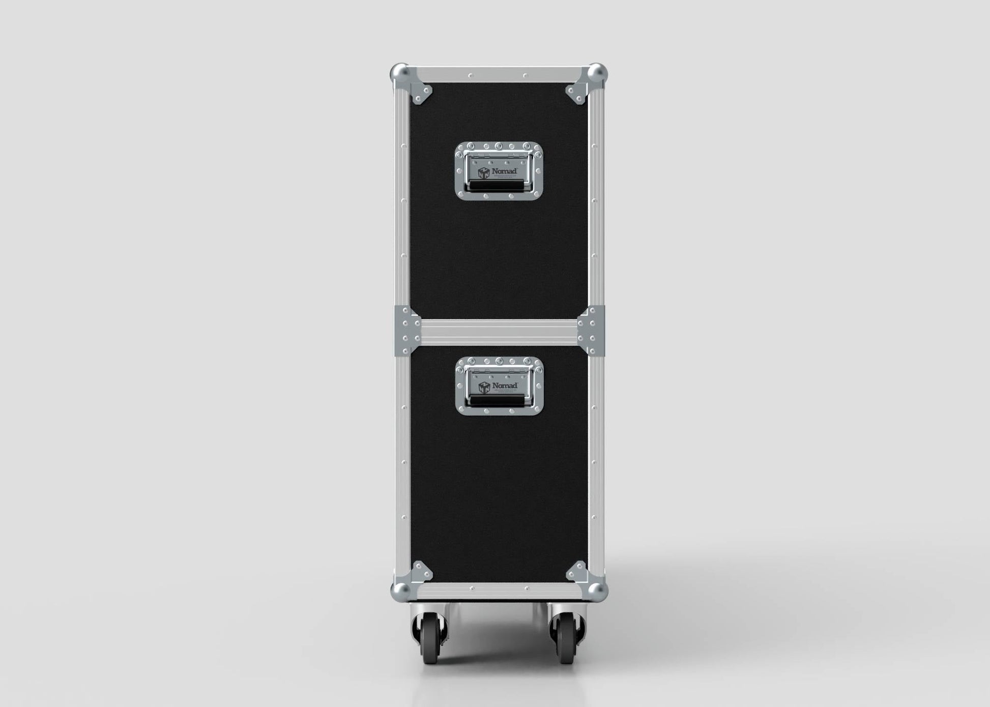 The 60" Single Screen Case is a tall black equipment case with metal edges and corners, two handles, and four caster wheels, shown upright on a white background.