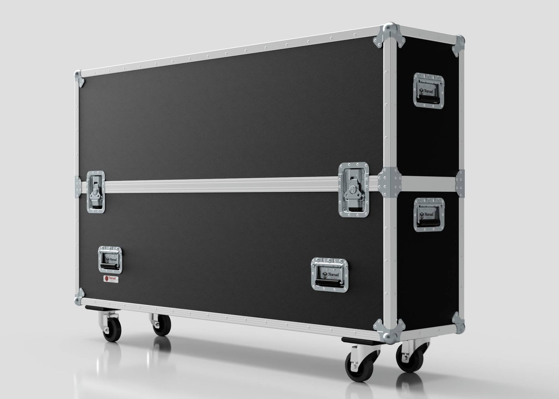 The 60" Single Screen Case is a large black rectangular road case with metal edges and handles, sitting on four caster wheels against a plain background.
