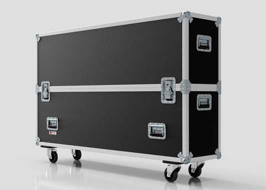 The 60" Single Screen Case is a large black rectangular road case with metal edges and handles, sitting on four caster wheels against a plain background.