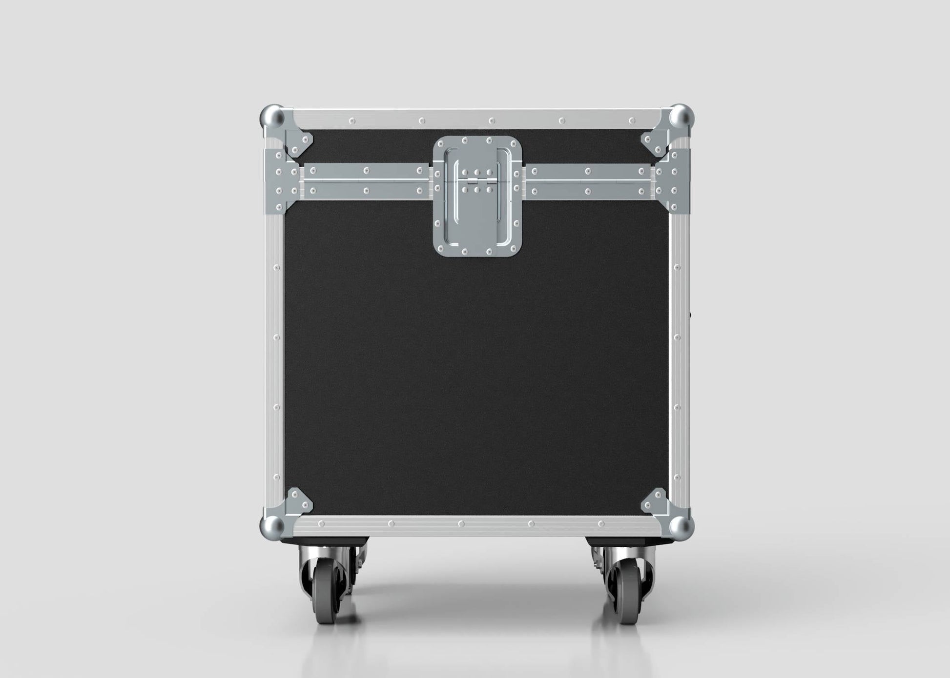 The 600mm Trunk Case is a black and silver metal equipment case with reinforced corners and rivets, shown front-facing on four caster wheels against a plain background. Its external dimensions are 625 x 607 x 765 mm.