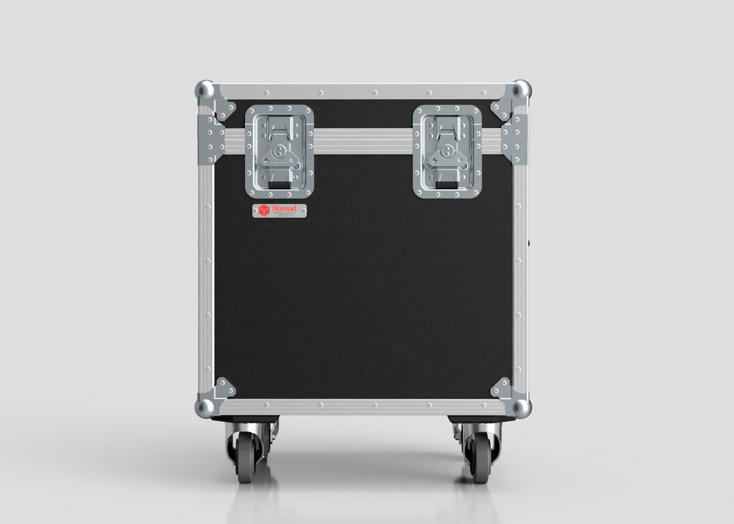 The 600mm Trunk Case, shown in black and silver with metal reinforcements, features two top latches, four caster wheels, and measures 625 x 607 x 765 mm. It's pictured against a plain white background.