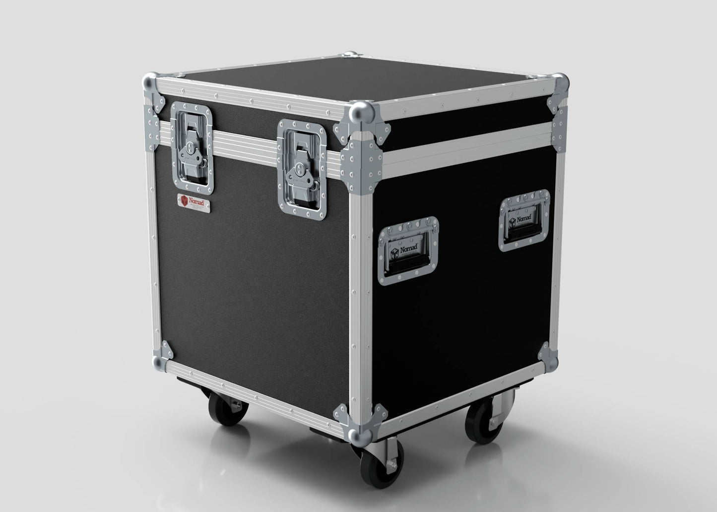 The 600mm Trunk Case, featuring black and silver metal edges, handles, and latches, rests on four casters against a plain background; its external dimensions are 625 x 607 x 765 mm.