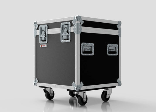 The 600mm Trunk Case features a black and silver finish with metal reinforcements, handles, and four caster wheels. It sits against a plain light background. External dimensions: 625 x 607 x 765 mm.
