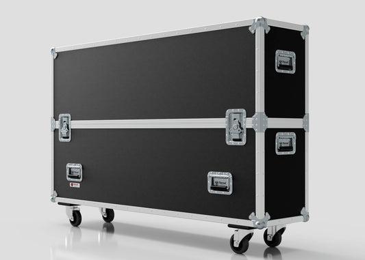 The 65" Double Screen Case, featuring a large black design with metal edges, handles, latches, and four caster wheels, stands against a plain background.