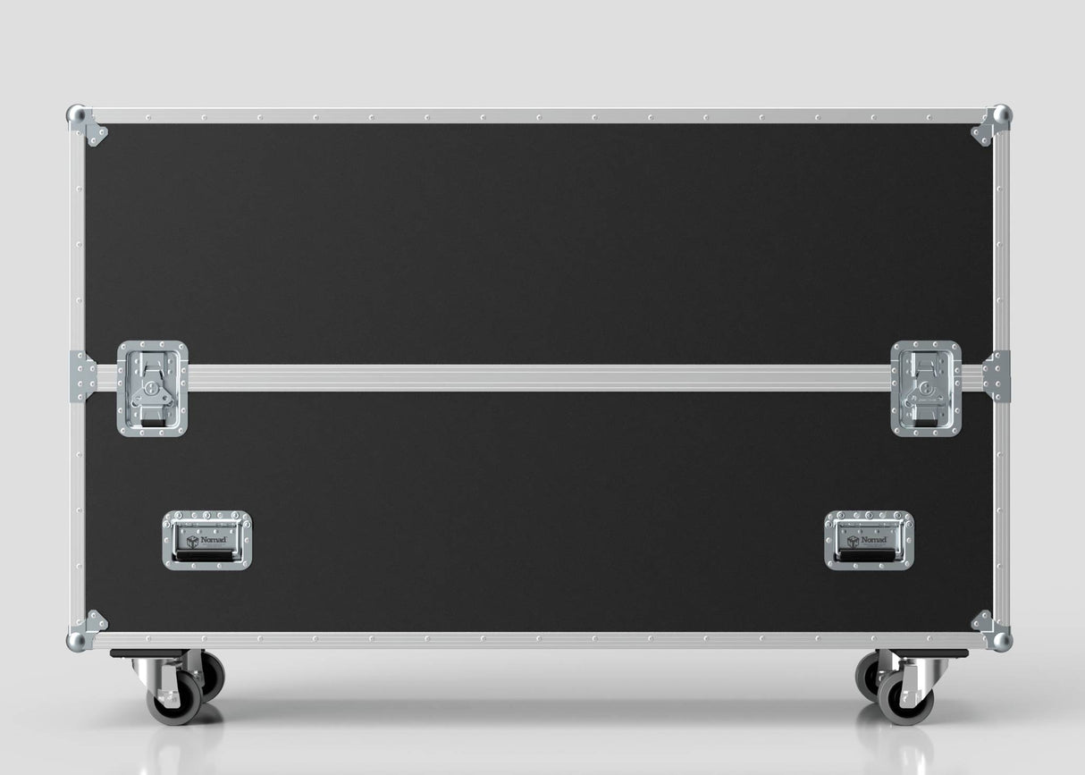 The 65" Double Screen Case is a large black equipment case with metal edges, reinforced corners, latches, and wheels, shown against a plain light background.