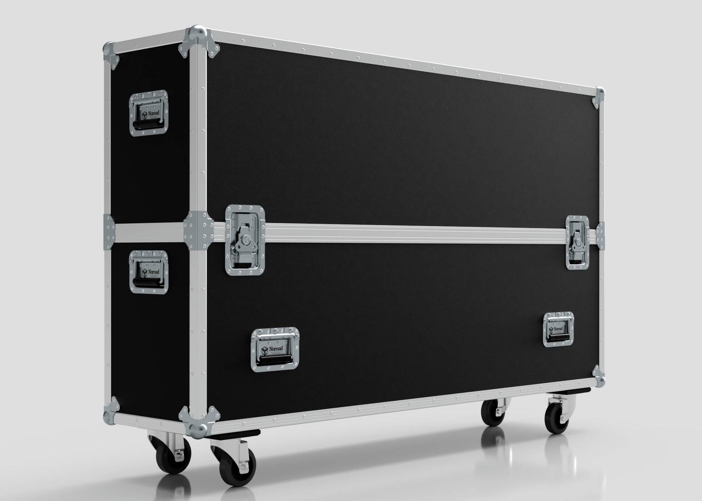 A 65" Double Screen Case in black with metal edges, handles, and latches, standing on four caster wheels against a plain background.