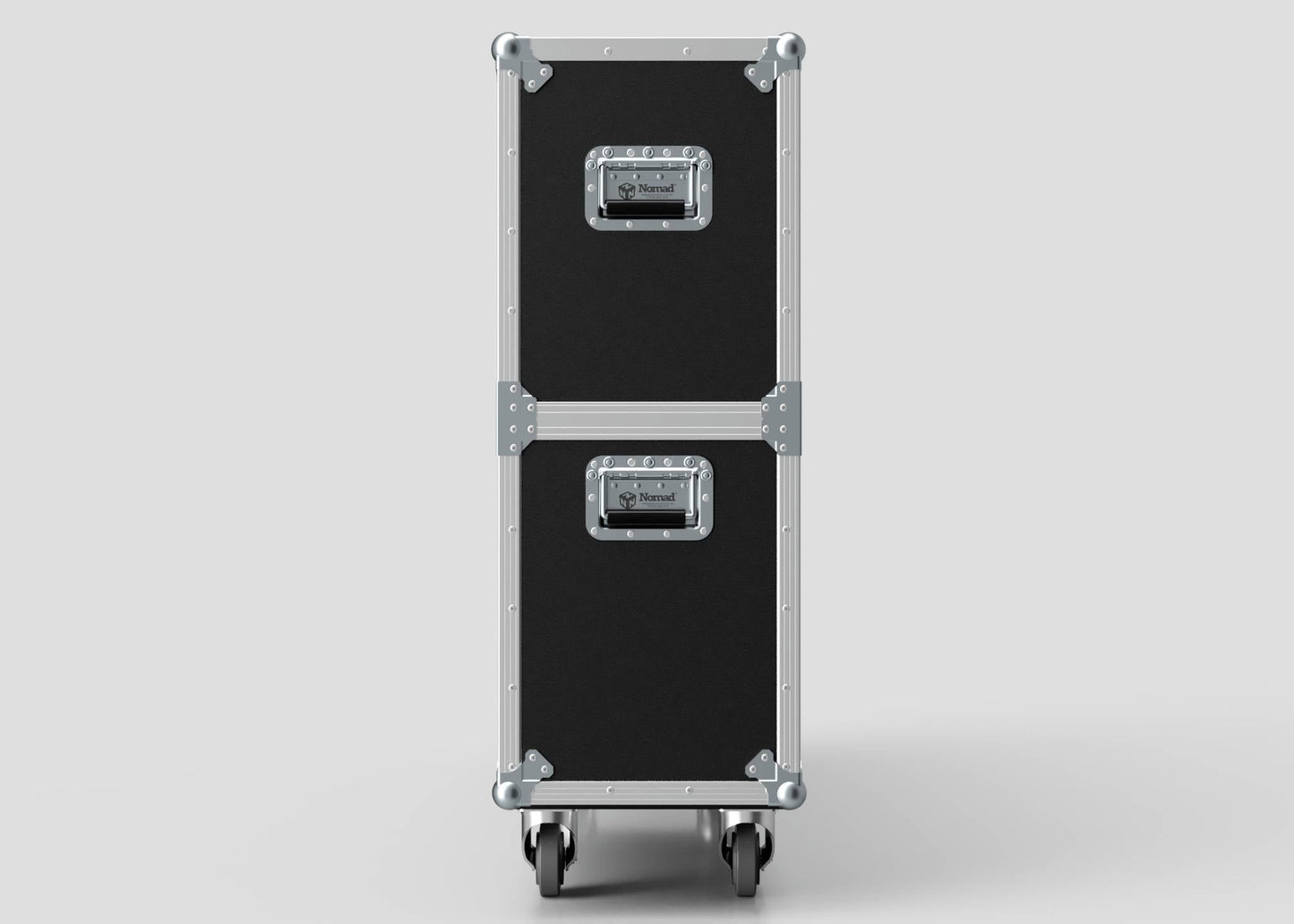 A 65" Double Screen Case in black and silver with metal reinforcements and wheels, shown from the front against a plain white background.