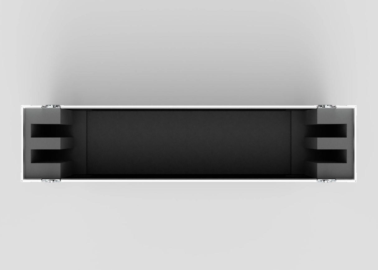 Top-down view of an empty 65" Double Screen Case, rectangular with black foam lining, reinforced corners, and silver edges, displayed on a light grey background.
