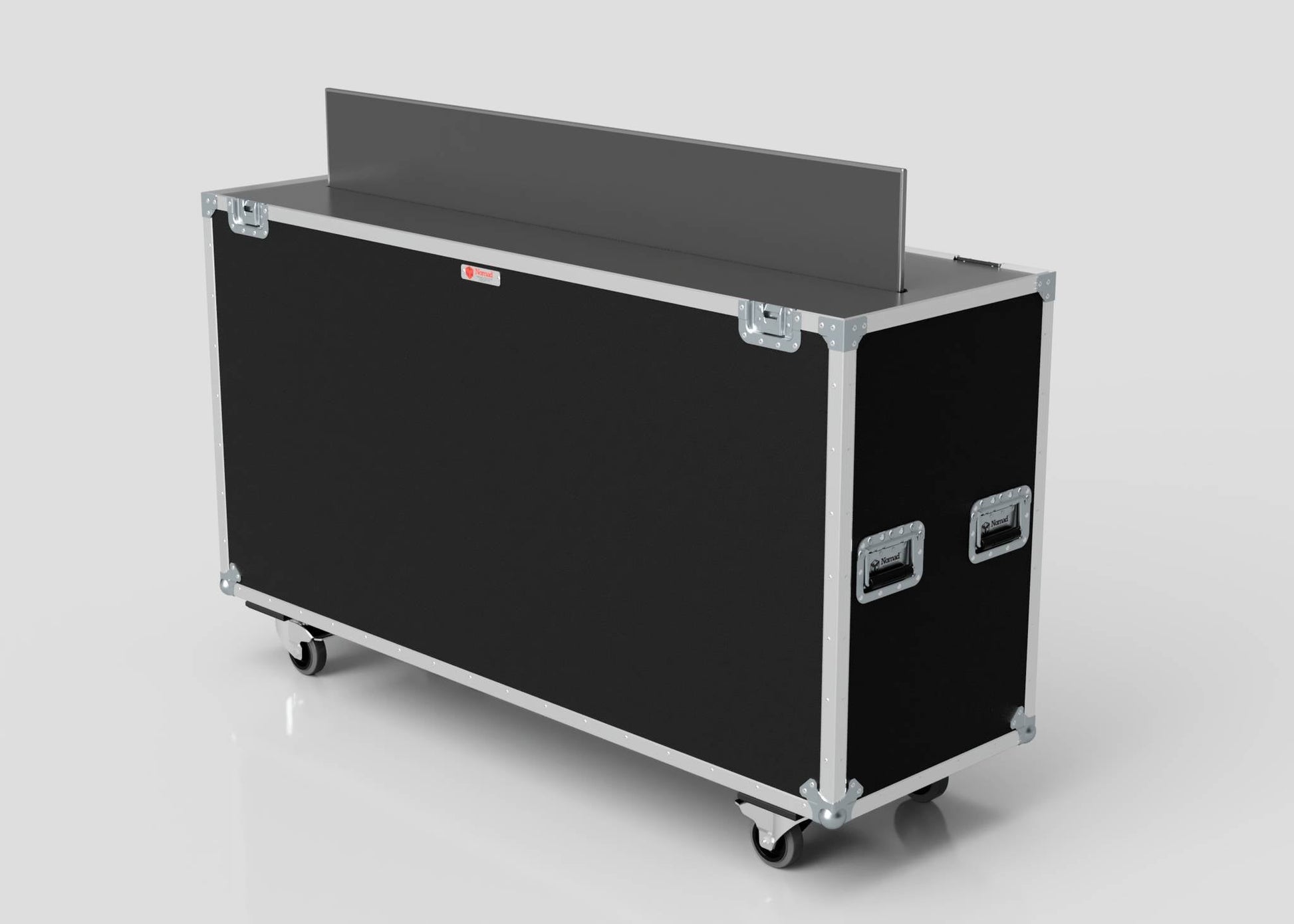A large black rectangular 65" Motorised Single Screen Case with metal edges, handles, and wheels, displayed on a plain light background.