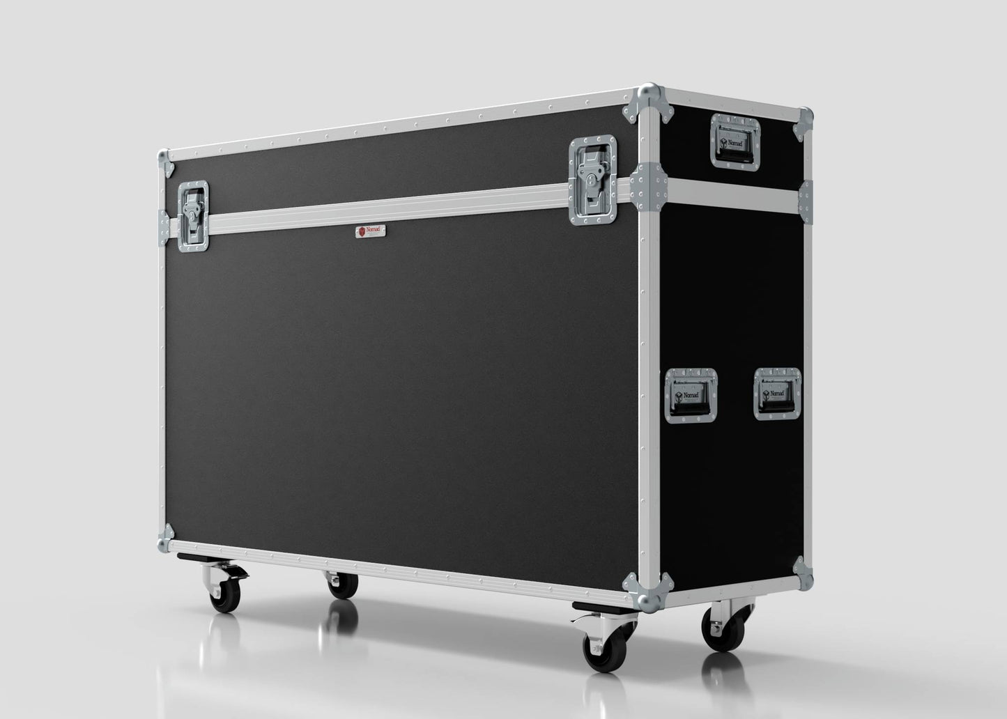 The 65" Motorised Single Screen Case, featuring a large black and silver build with metal edges, handles, and four caster wheels, is displayed against a plain background.