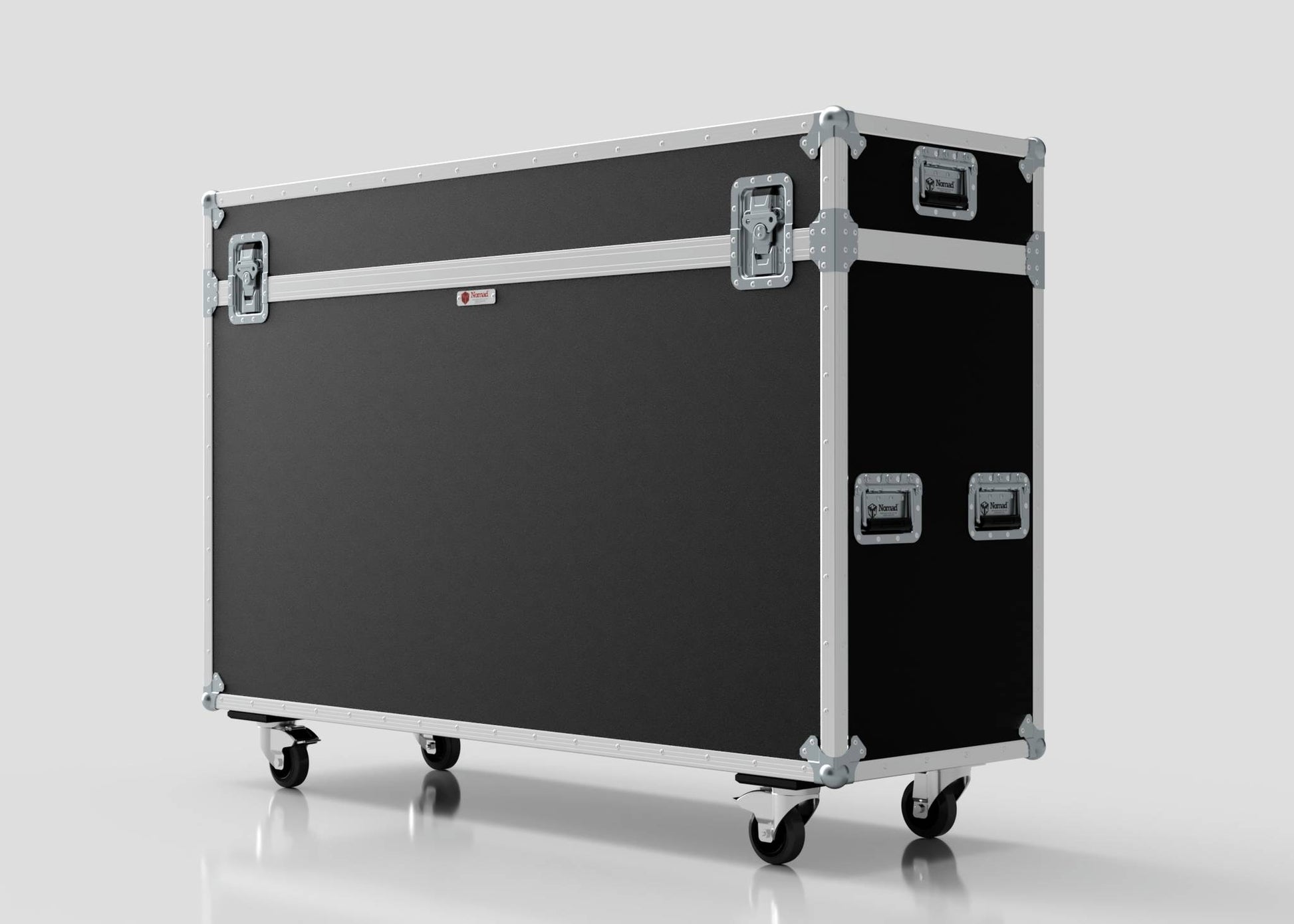 The 65" Motorised Single Screen Case, featuring a large black and silver build with metal edges, handles, and four caster wheels, is displayed against a plain background.