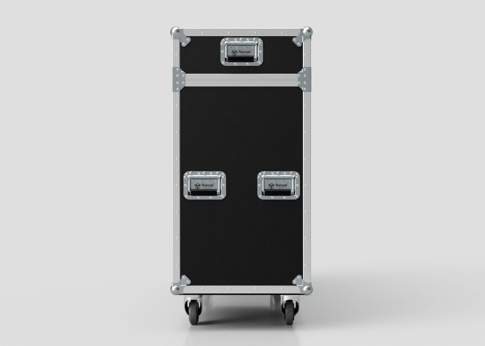 A 65" Motorised Single Screen Case in black and silver with metal handles and wheels, standing upright against a plain light background.