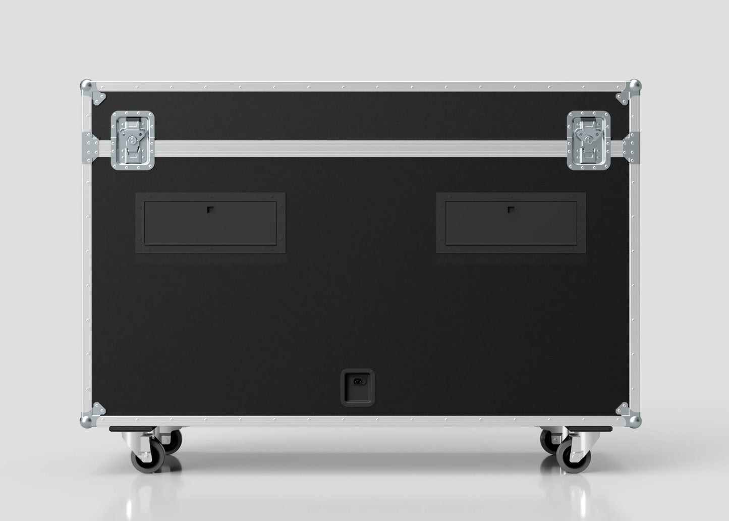 A 65" Motorised Single Screen Case in black with metal edges, handles, two latches, and four caster wheels is shown against a plain light background.