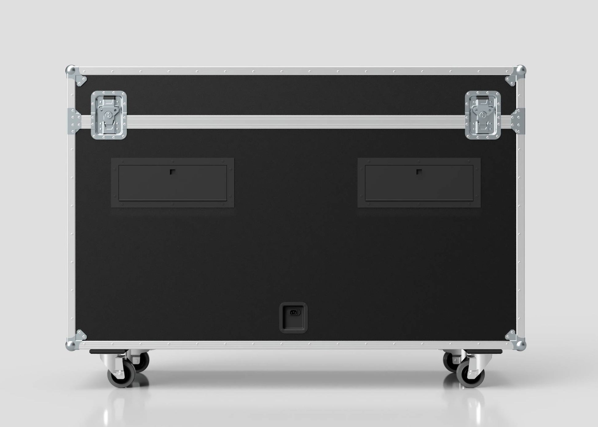A 65" Motorised Single Screen Case in black with metal edges, handles, two latches, and four caster wheels is shown against a plain light background.