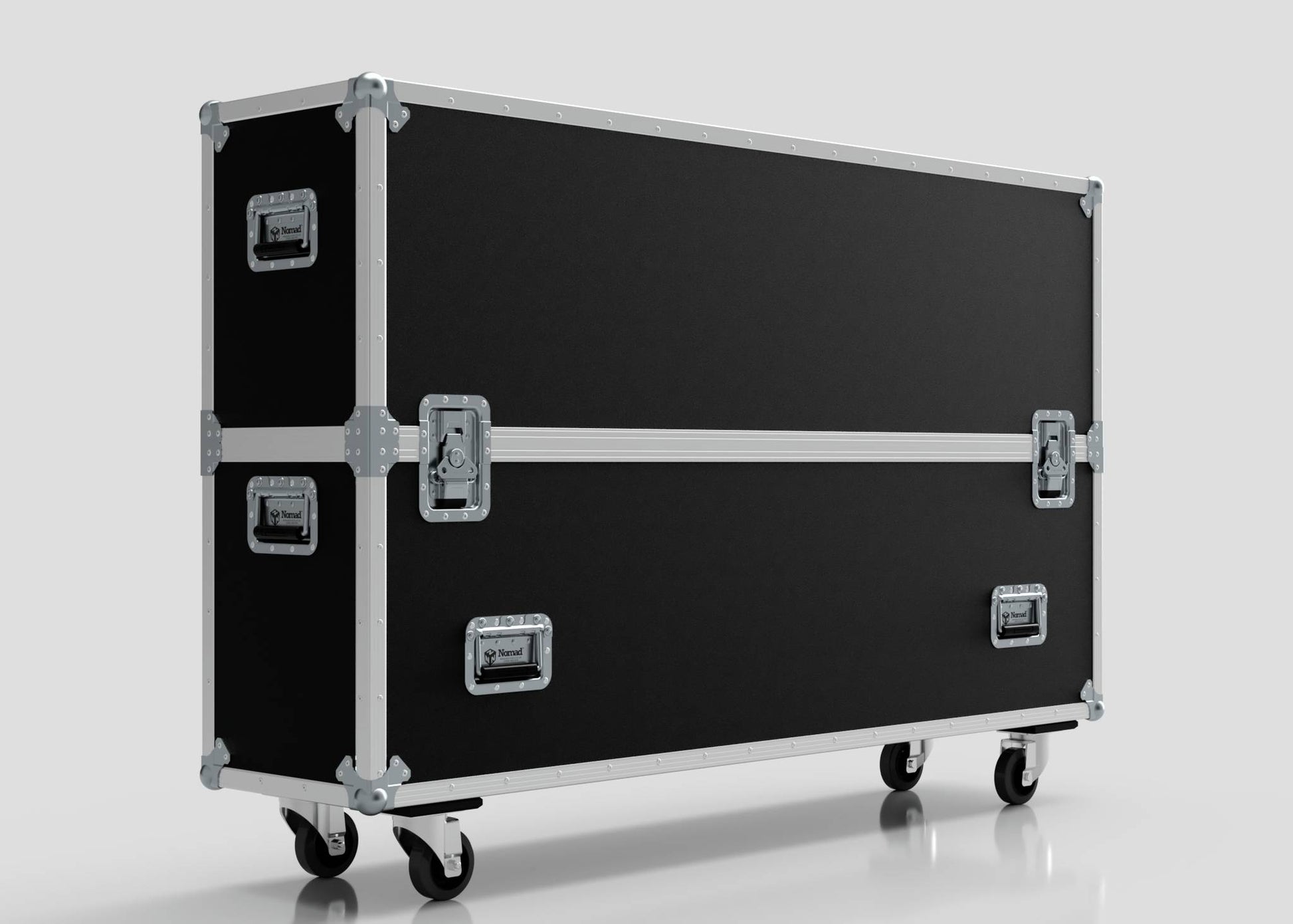 The 65" Single Screen Case is a large black rectangular case with metal edges, reinforced corners, handles, and wheels, set against a plain background.