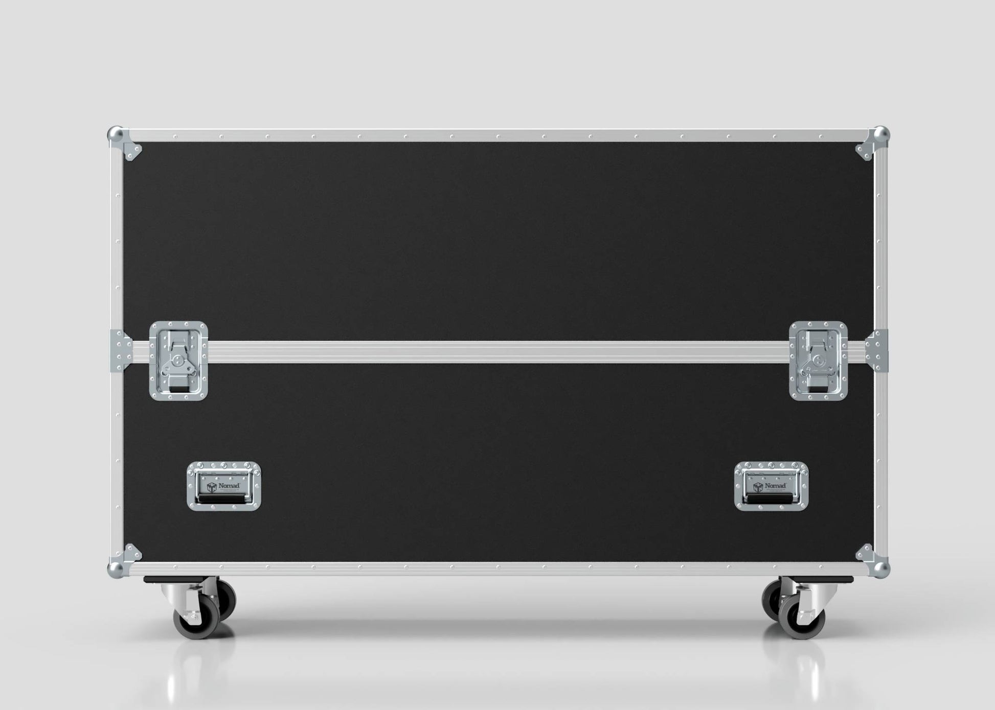 A 65" Single Screen Case—large, black, rectangular with metal edges, two latches, two handles, and four caster wheels—stands against a plain light background.