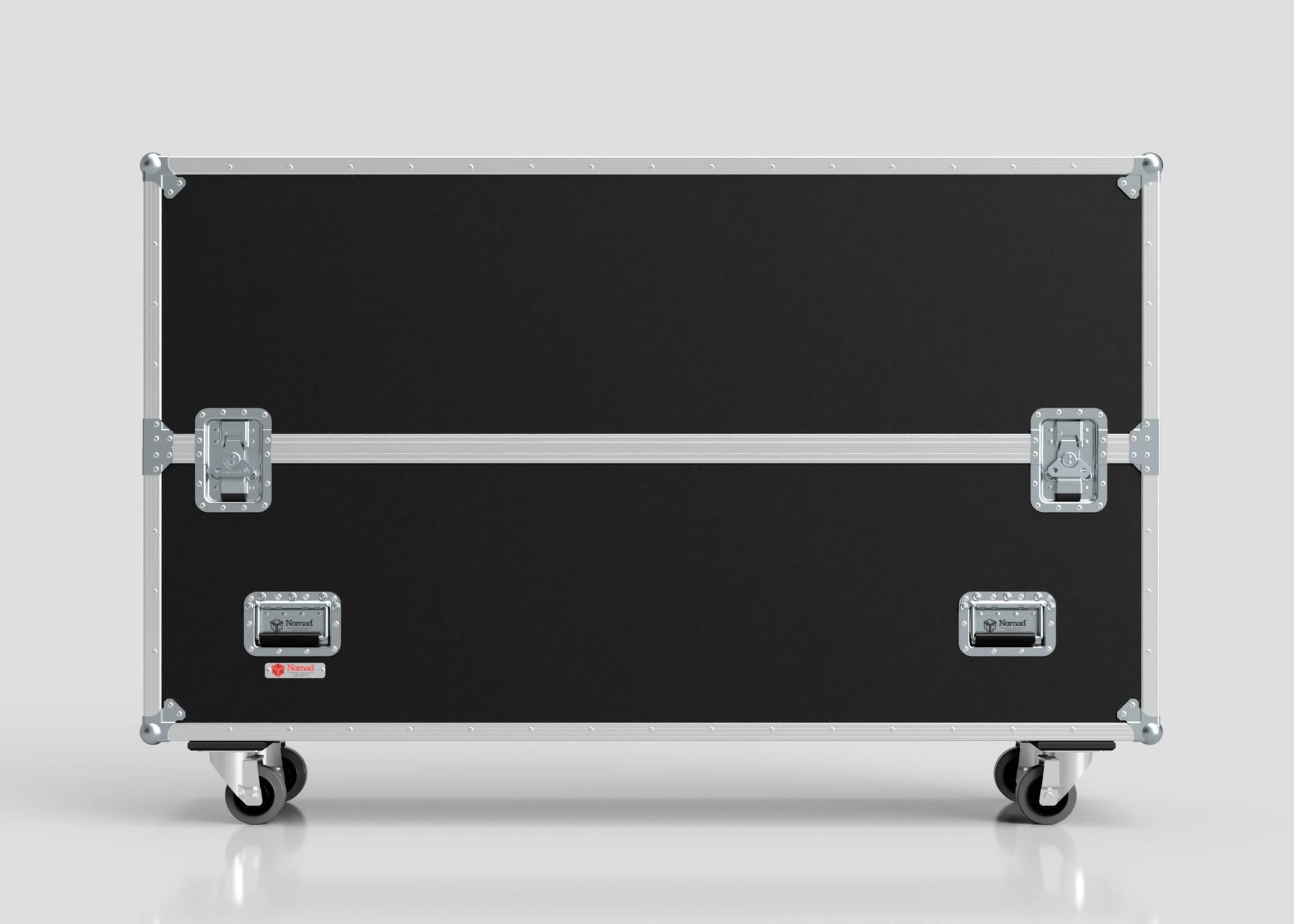 A 65" Single Screen Case in large black design with metal edges, handles, latches, and four caster wheels, shown on a plain light gray background.