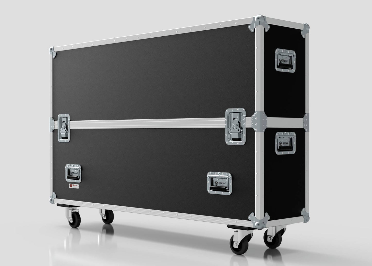The 65" Single Screen Case is a large, black rectangular hard case with metal edges, latches, and four caster wheels, shown against a plain light background.