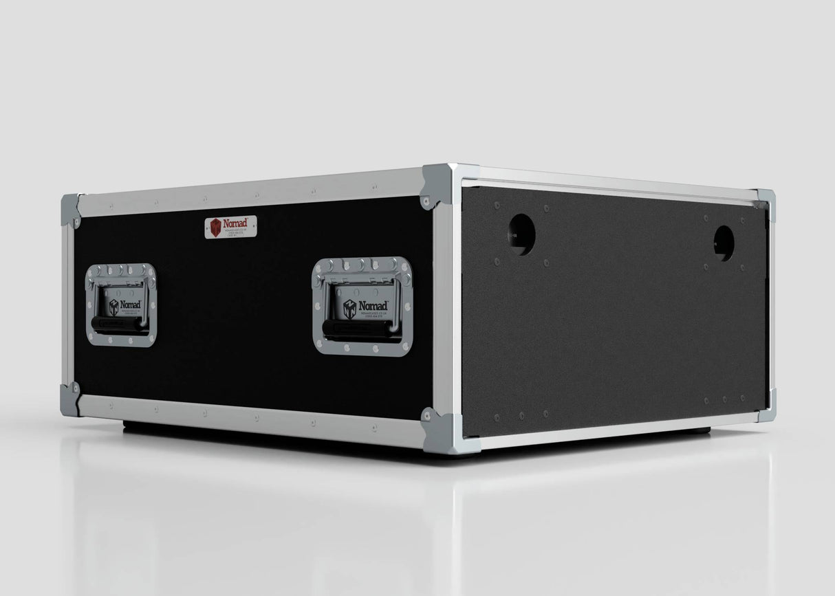 The 6U Shock Mount Slam Rack Case is a black and silver hard case with metal reinforced corners, two handles, and two circular openings on one side, shown on a white surface.