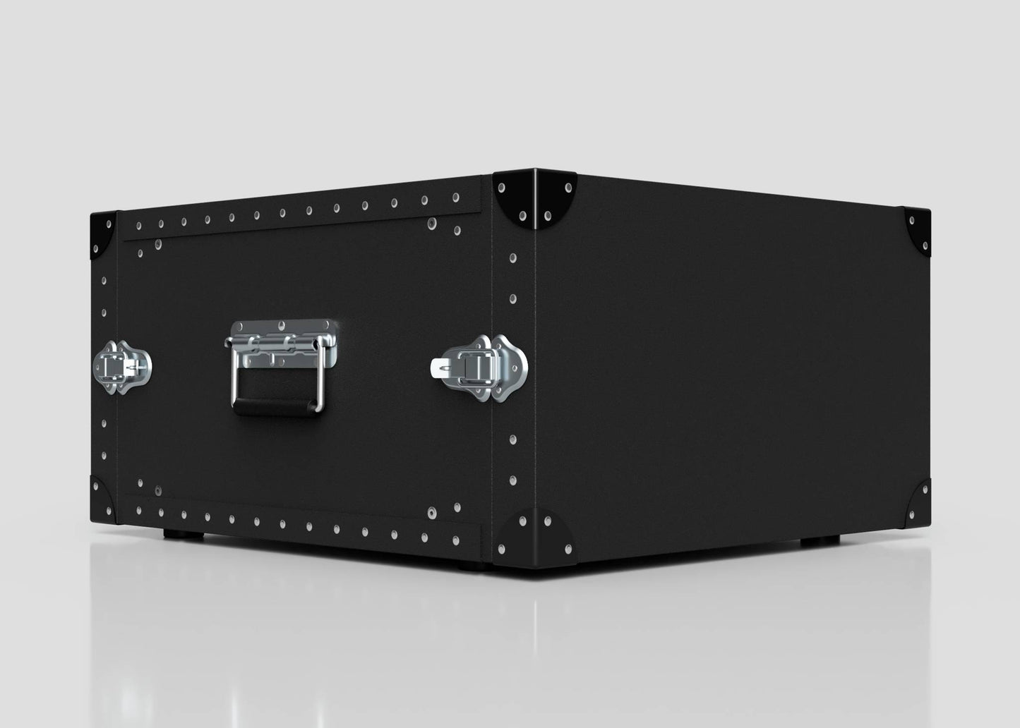 The 6U Standard Poly Rack Case is a black rectangular storage case with metal corner reinforcements, a side handle, and padlockable latches, shown against a plain light background.