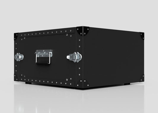 The 6U Standard Poly Rack Case is a black rectangular storage case with metal corner reinforcements, a side handle, and padlockable latches, shown against a plain light background.