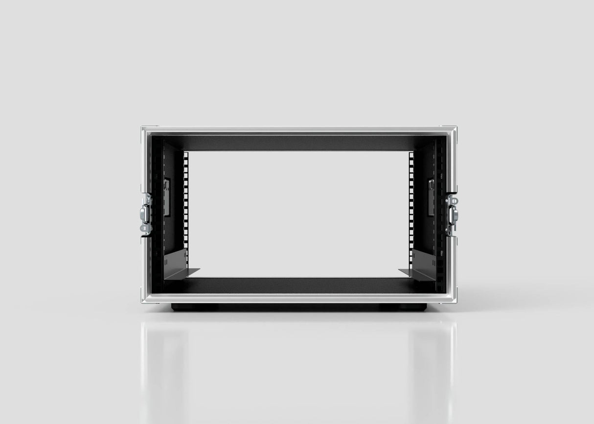A front-facing view of an empty 6U Standard Rack Case, UK-made with side handles from European Birch plywood, displayed against a plain light gray background.