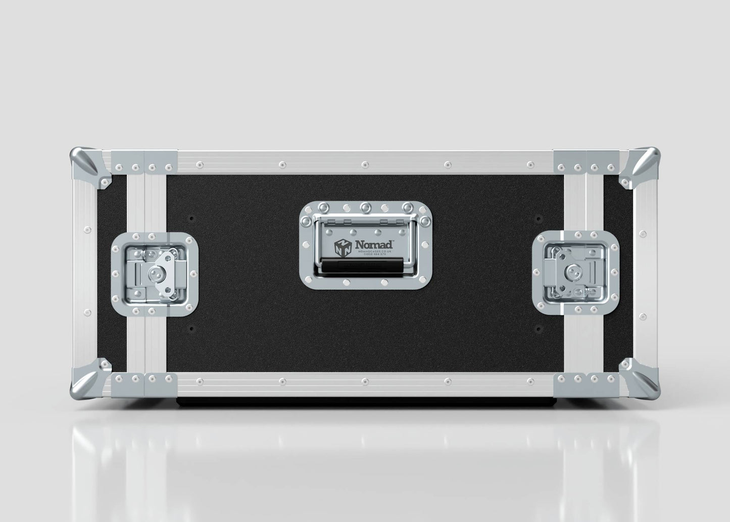 A 6U Standard Rack Case in black and silver with metal edges, corners, and latches, labeled Nomad on the handle plate and made in the UK, sits on a reflective surface.
