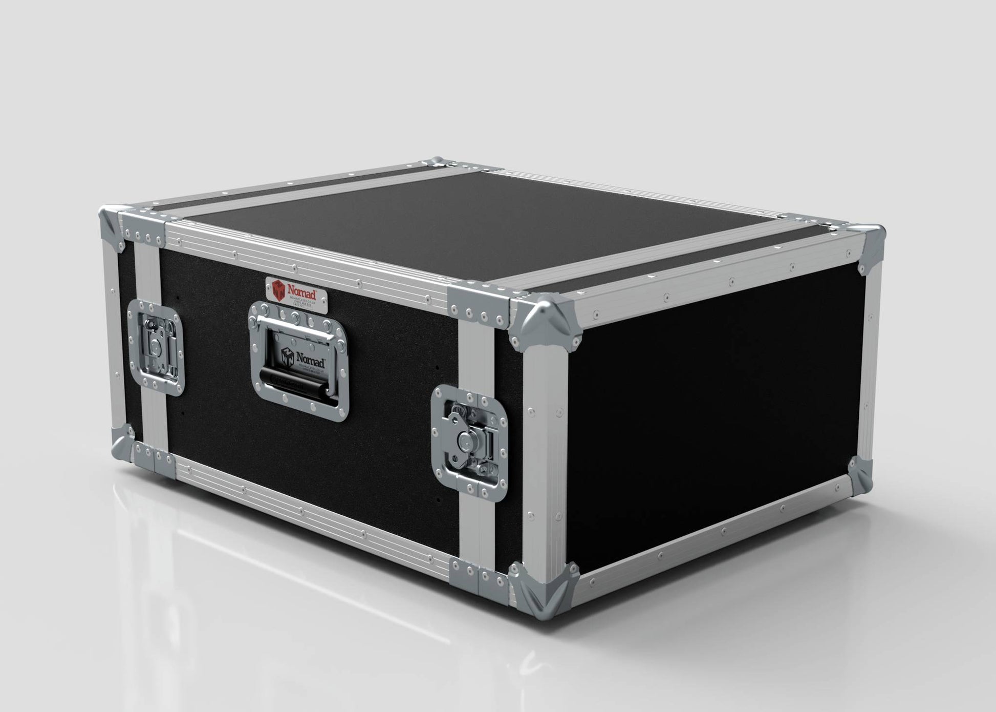 The 6U Standard Rack Case, a UK-made black and silver hard-shell case with metal edges, handles, and latches, crafted from European Birch plywood, is shown on a plain white surface.