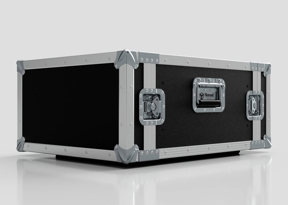 The 6U Standard Rack Case is UK-made from durable European Birch plywood, featuring a black and silver finish, metal edges, reinforced corners, secure latches, and a front handle.