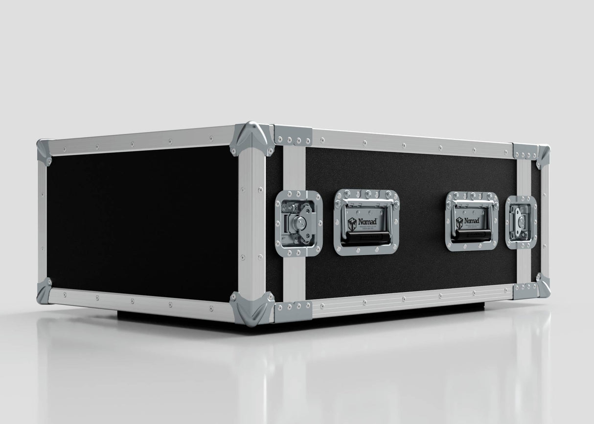 A 6U Suspended Shock Mounted Rack Case in black and silver with metal reinforcements and three front latches, displayed on a glossy white surface.