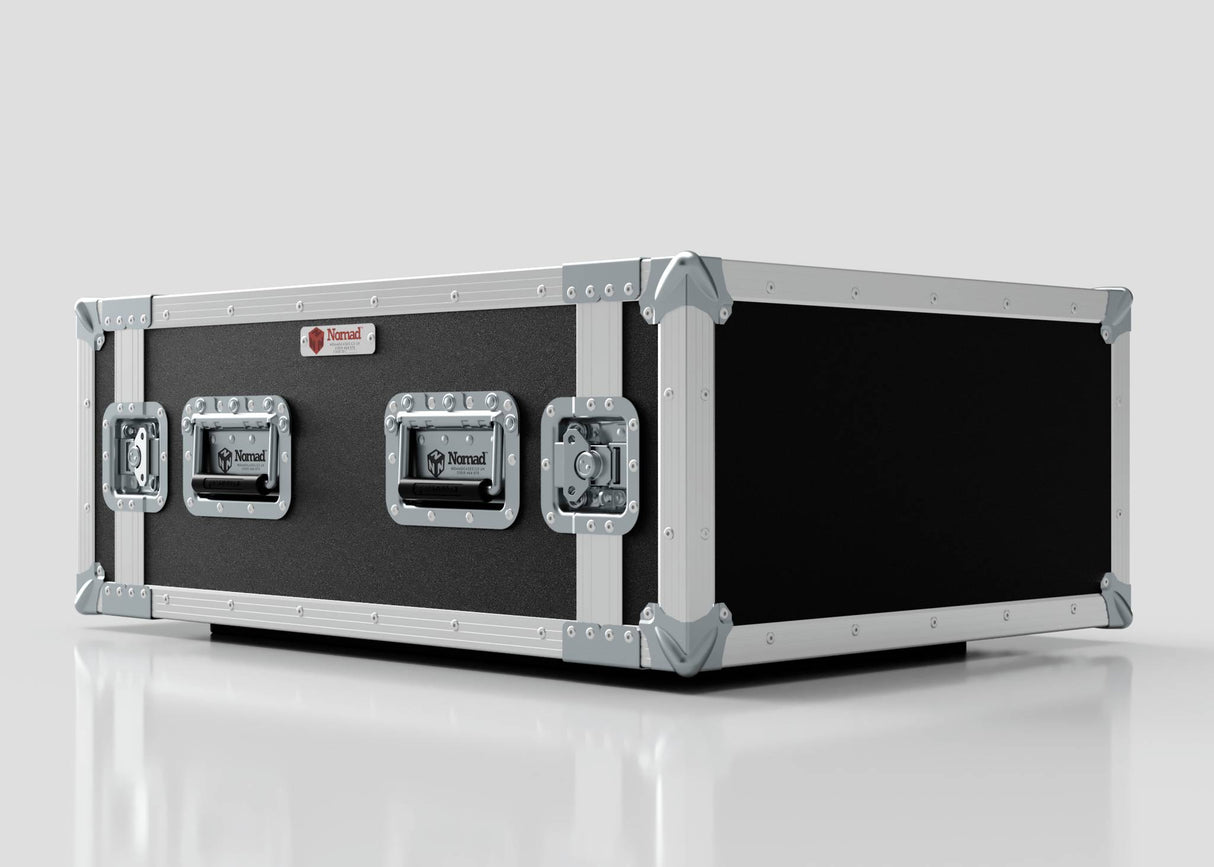The 6U Suspended Shock Mounted Rack Case, with black and silver finish, metal-reinforced corners, and two latches, is designed for safe equipment transport and is pictured on a plain light background.