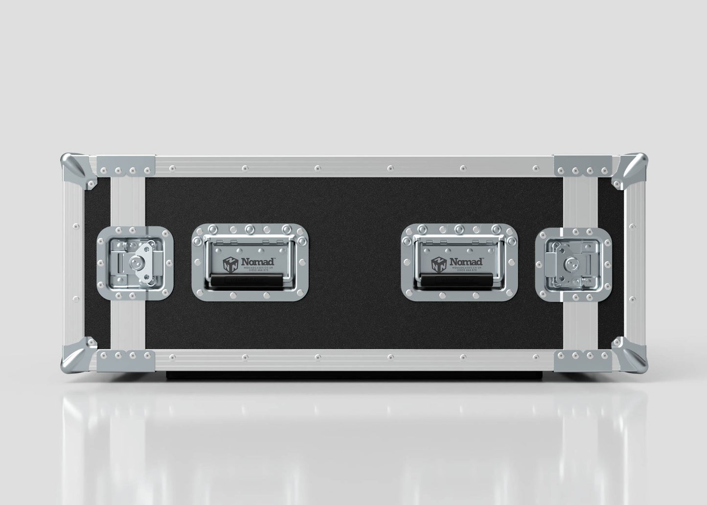 A 6U Suspended Shock Mounted Rack Case in black and silver with metal edges, three latches, and reinforced corners is placed on a reflective white surface.