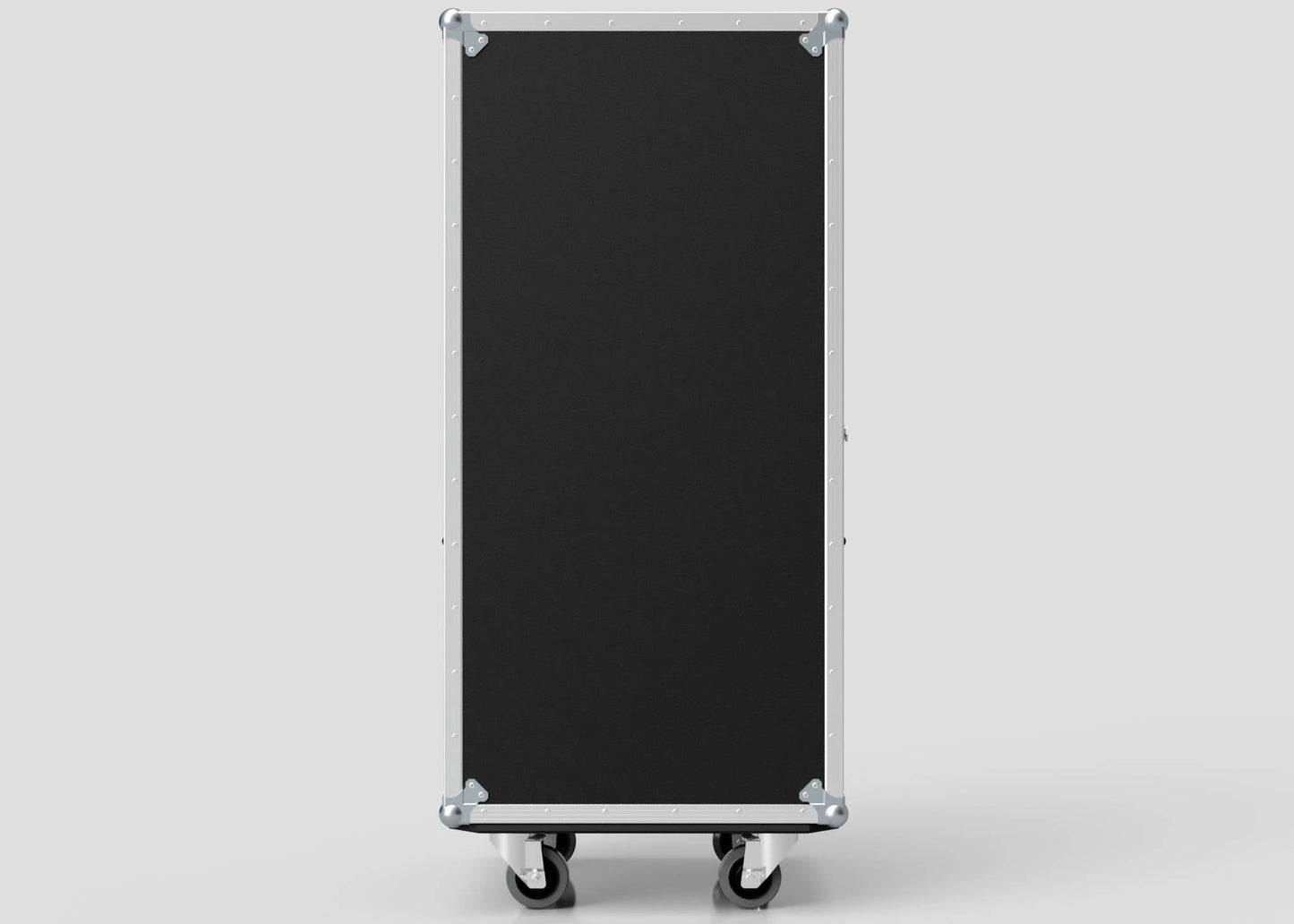 A tall, rectangular black 7 Drawer Production Case with metal edges and corners stands upright on four caster wheels, showcasing its sturdy build—ideal for equipment storage—against a plain light background.