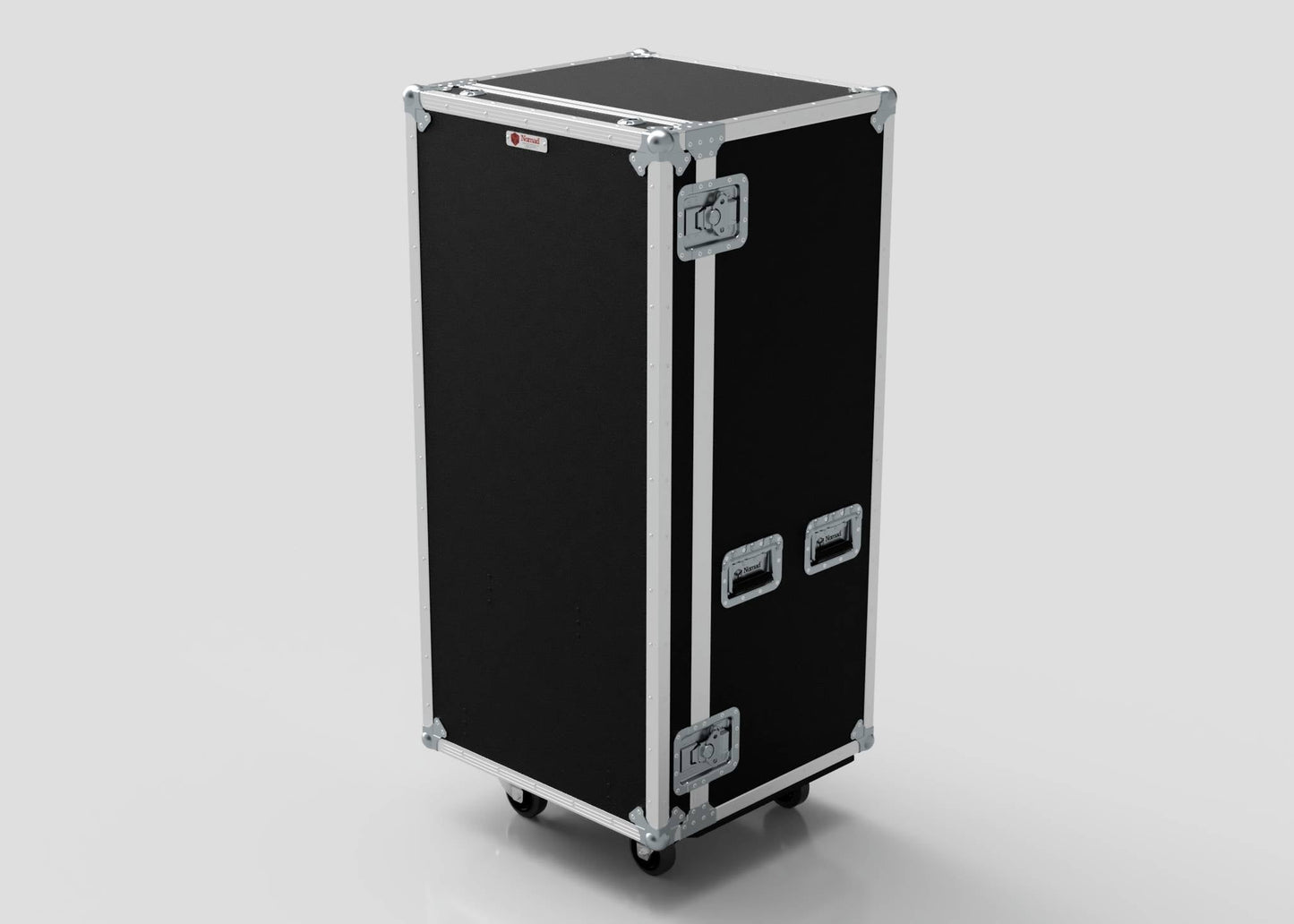 A black and silver rectangular 7 Drawer Production Case with metal edges, corner protectors, two latches, and handles stands upright on a light background—ideal for storing gear and Side Attaching Trestle Table accessories.