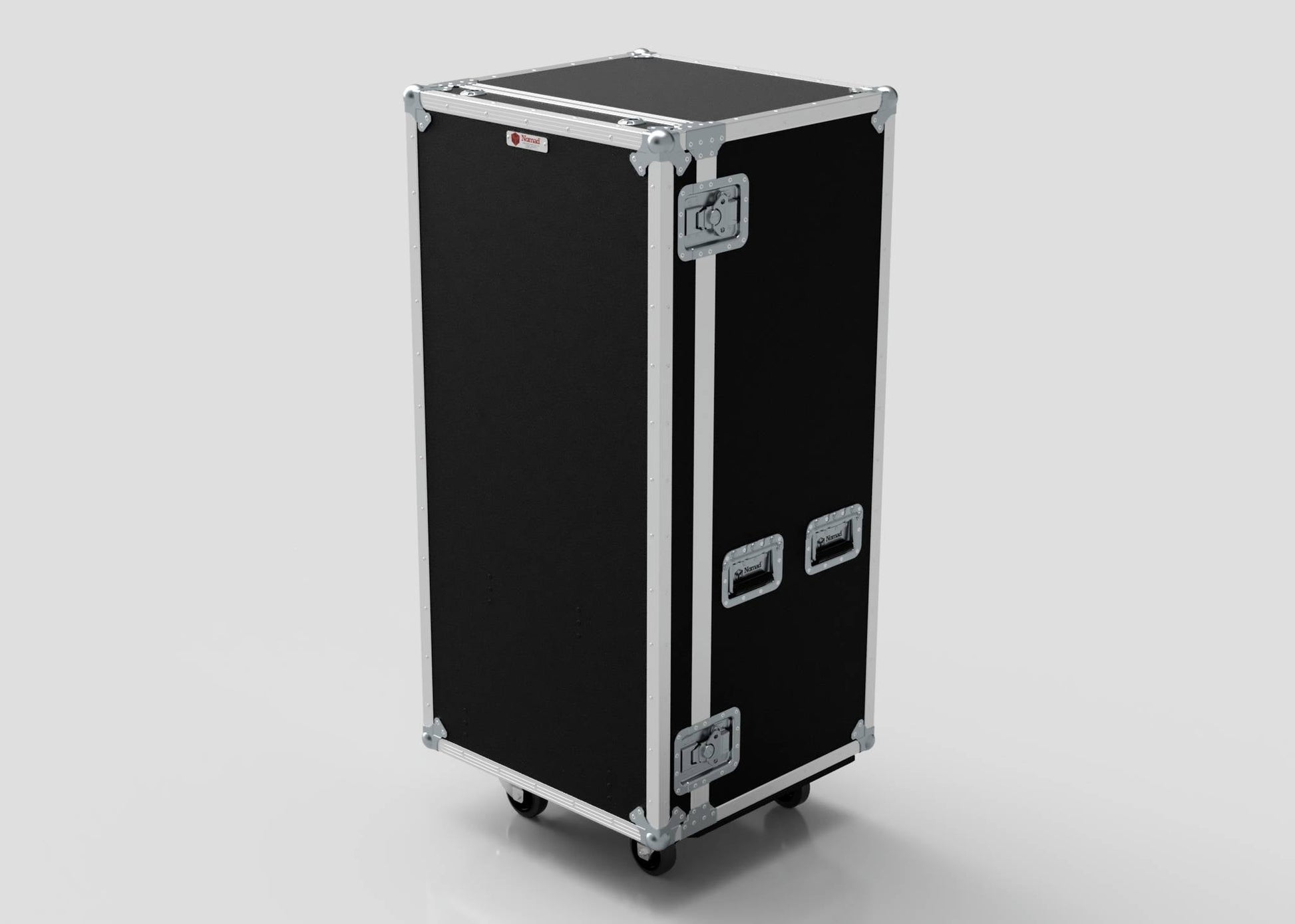 A black and silver rectangular 7 Drawer Production Case with metal edges, corner protectors, two latches, and handles stands upright on a light background—ideal for storing gear and Side Attaching Trestle Table accessories.