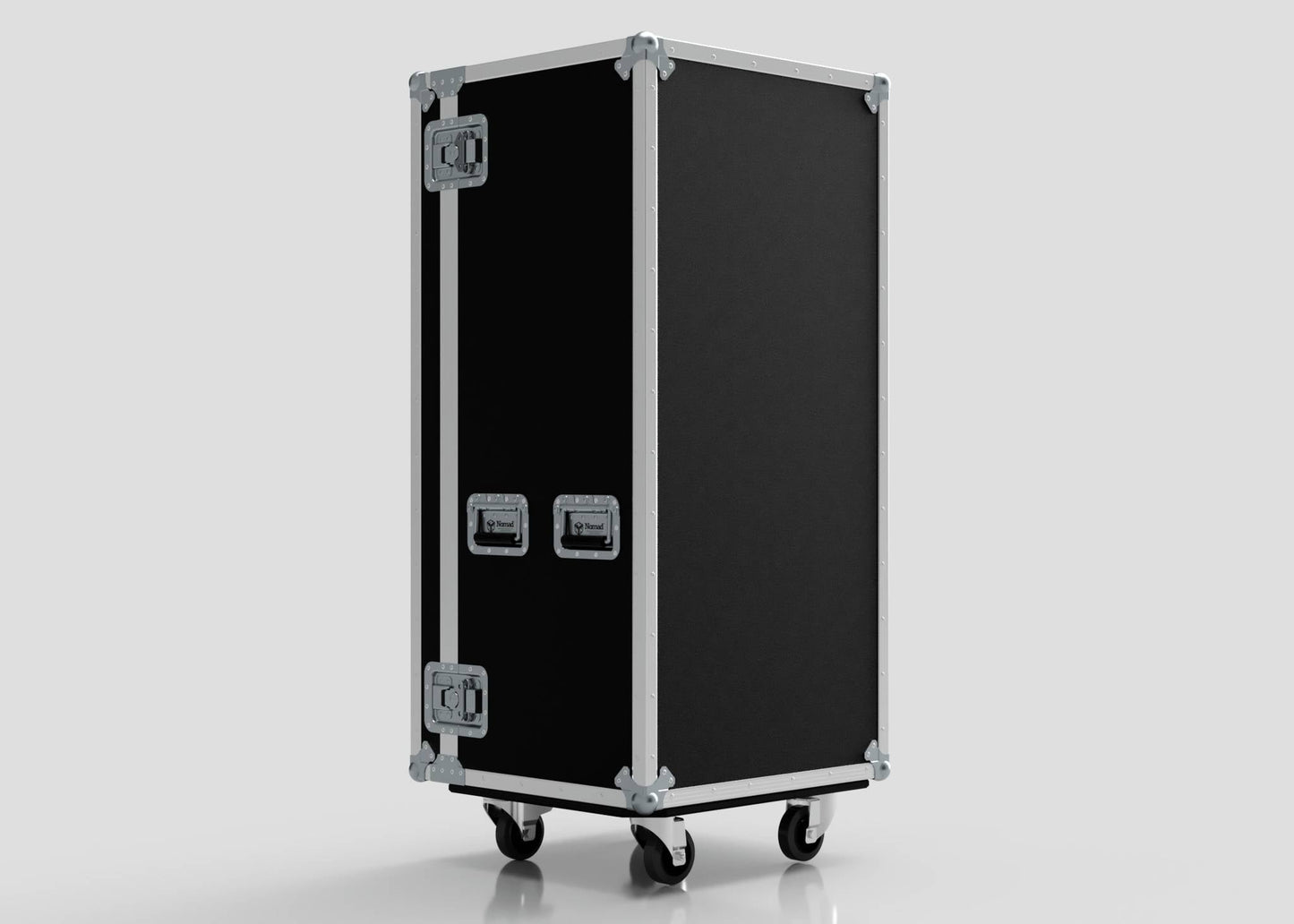 The Nomad Casing 7 Drawer Production Case is a large black road case with metal edges, four latches, and caster wheels, designed for easy transport. Its external dimensions are ideal, shown against a plain light background.