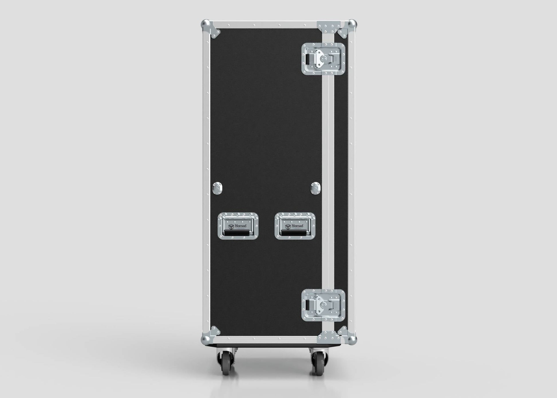 The 7 Drawer Production Case is a black rectangular rolling equipment case with metal edges, two handles, secure latches, and four caster wheels—ideal for storing or transporting a Side Attaching Trestle Table. External dimensions available on request.