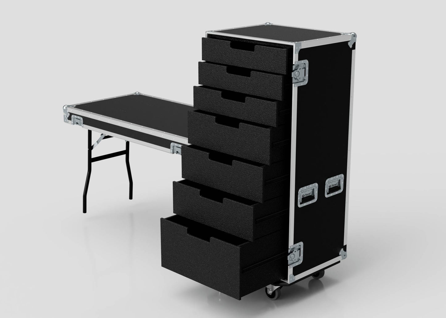 A 7 Drawer Production Case in black with open drawers stands beside a fold-out black Side Attaching Trestle Table with metal legs, both set against a plain light background.