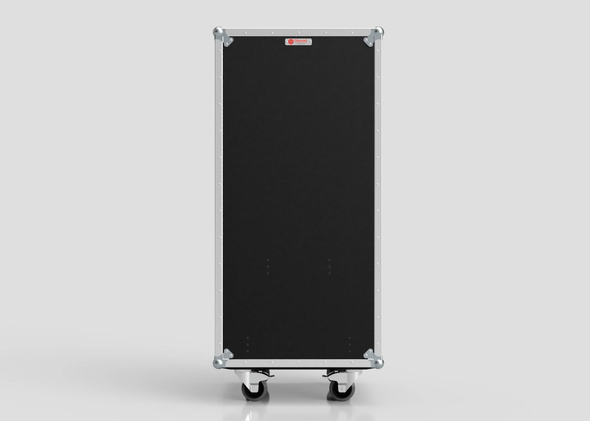 The Nomad Cases 7 Drawer Production Case is a black rectangular equipment case with metal edges, corner protectors, and side hardware, standing upright on four caster wheels. Compact and practical, it is shown against a plain light gray background.