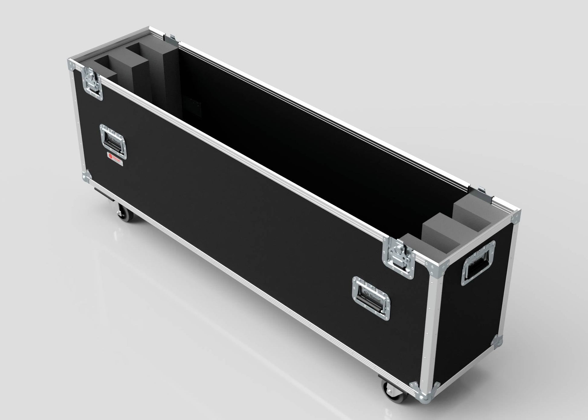 The 70" Double Screen Case is a large, rectangular black equipment case with metal edges, handles, foam interior padding, and wheels, shown open and empty on a plain background.