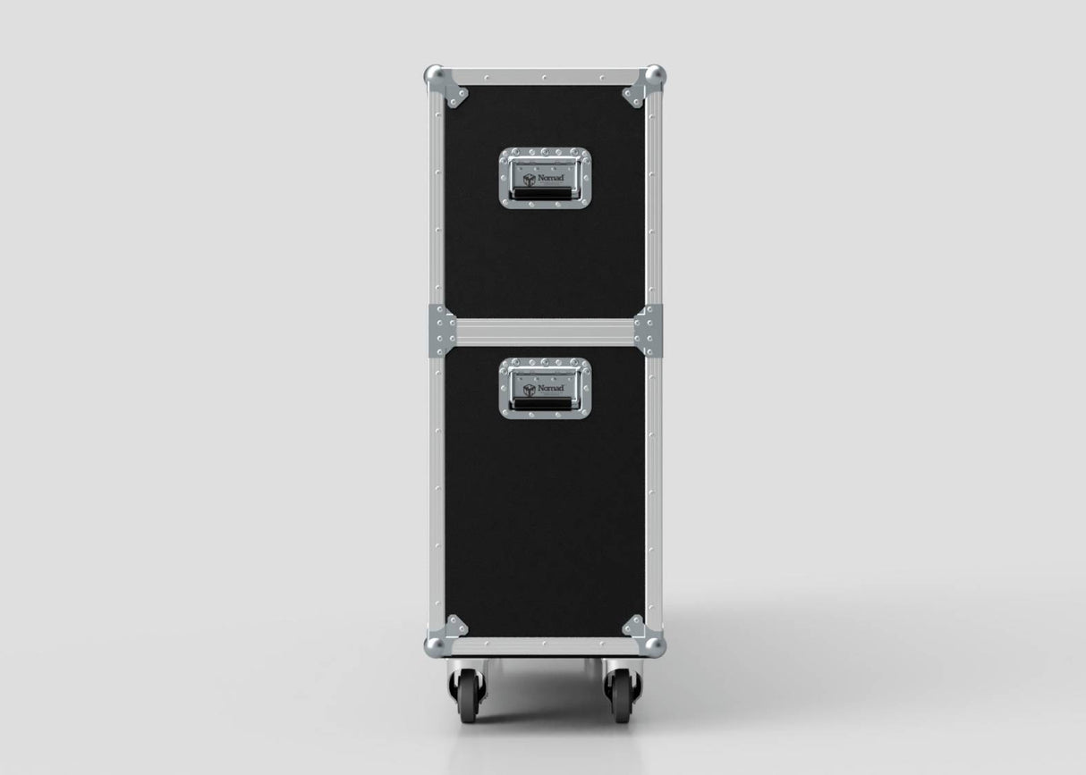 The 70" Double Screen Case, in black and silver with metal edges, handles, and wheels, is stacked vertically against a plain light background.