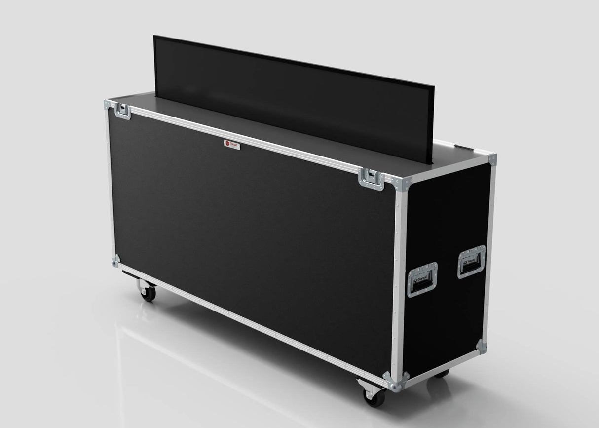 A 70" Motorised Single Screen Case in black with metal edges and handles on wheels, shown open with a flat-screen monitor partially visible inside.