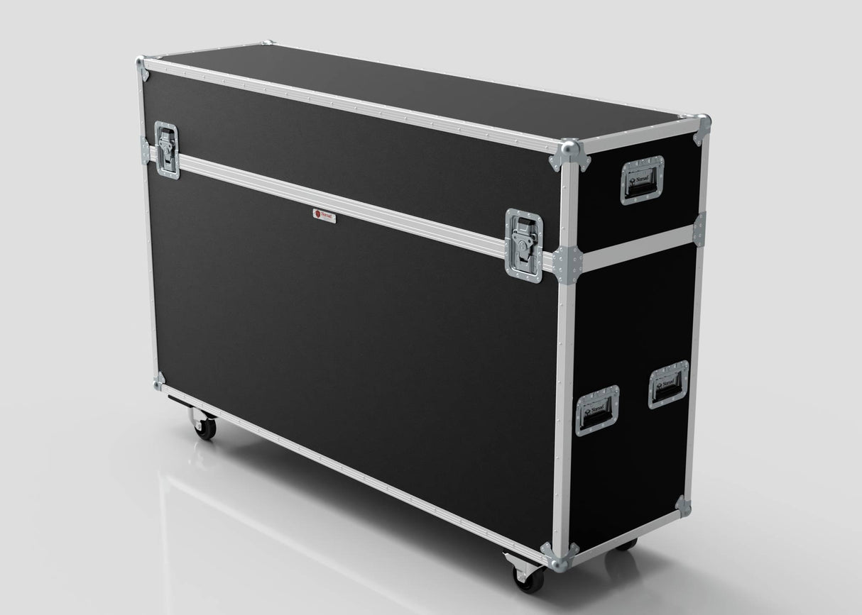 A 70" Motorised Single Screen Case, large and black with a rectangular shape, metal edges, handles, latches, and wheels, displayed against a plain white background.