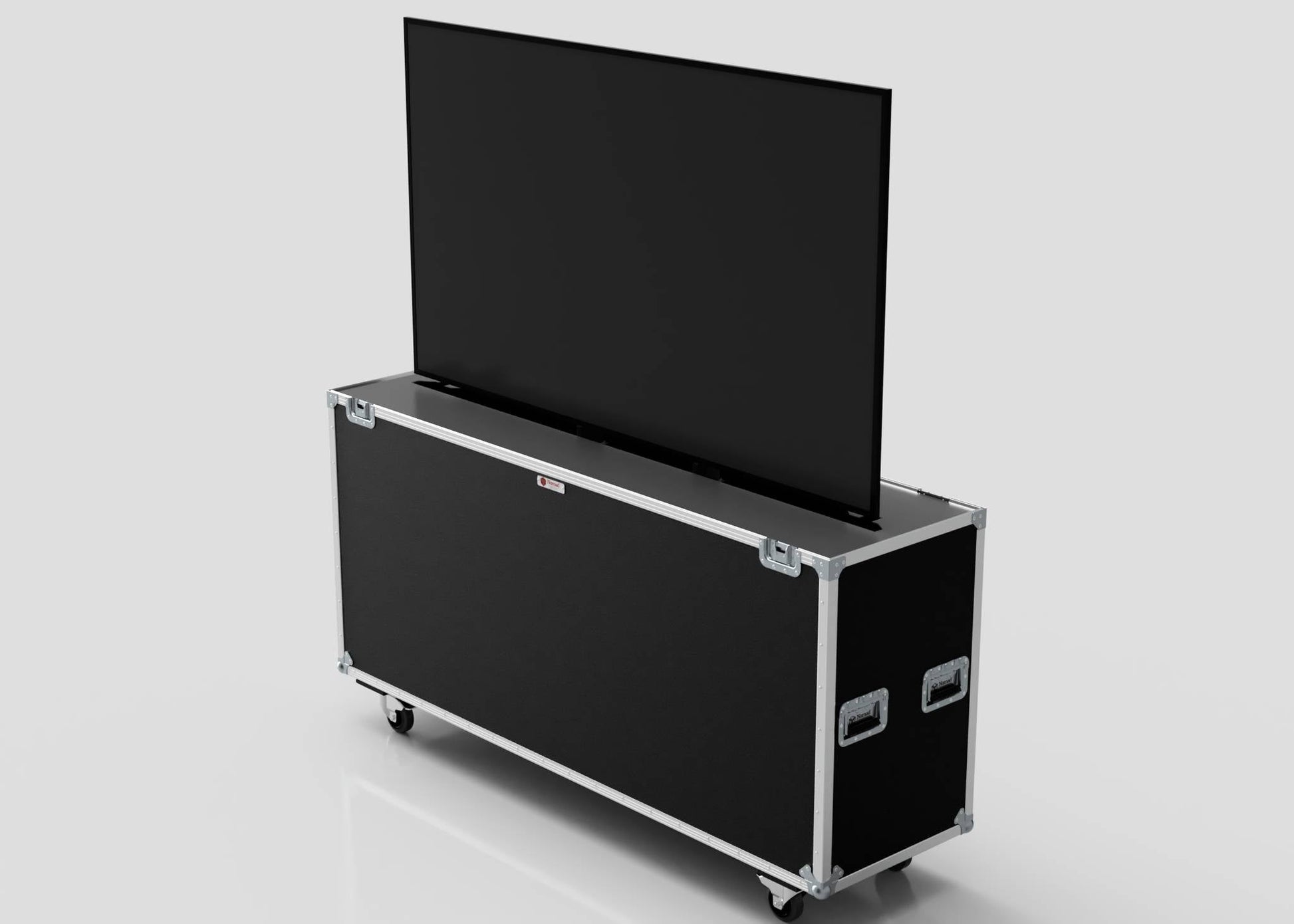 A 70" Motorised Single Screen Case with a flat-screen TV partially raised, featuring a black rolling design with metal edges and handles, set against a plain background.